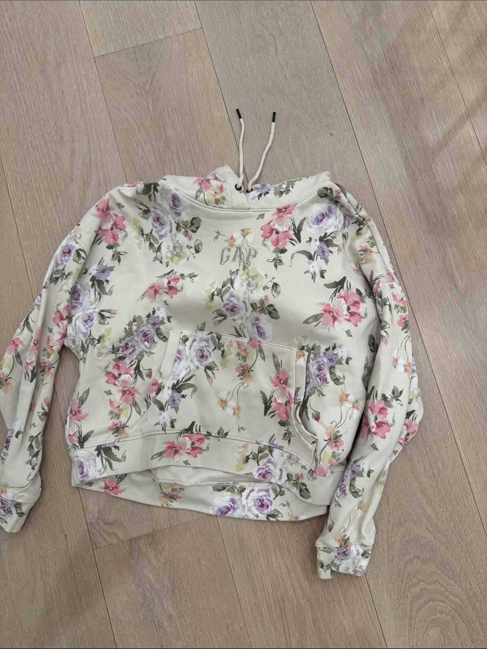 LoveShackFancy Cream Hoodie with Pink & Lavender Floral Print